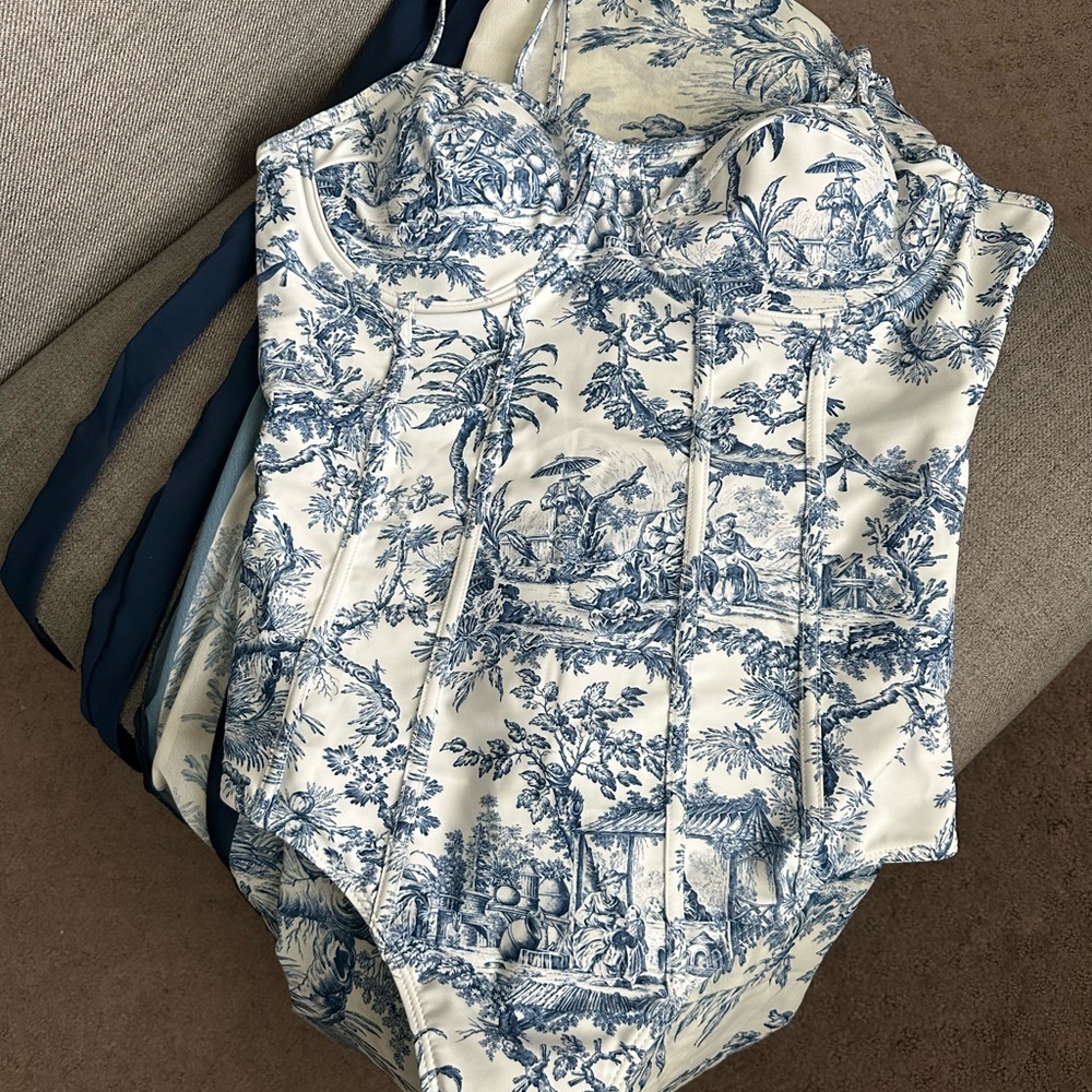 Elegant Blue and White One-Piece Swimsuit